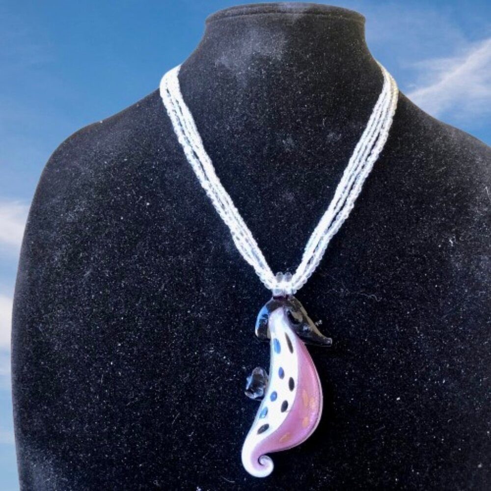 Seahorse Art Glass Pendant with Multi-strand Beaded Necklace Beach Sea - Picture 10 of 12